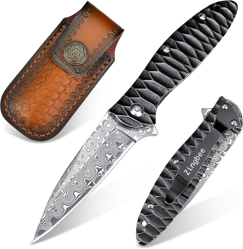 Zingbee Damascus Pocket Knife, 2.87" Damascus Blade Folding Knives with Stainless Steel Handle, EDC Knife for Camping Hiking Hunting Gift - Image 1